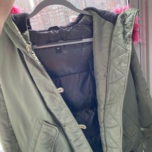 Aqua bomber winter coat with pink fur